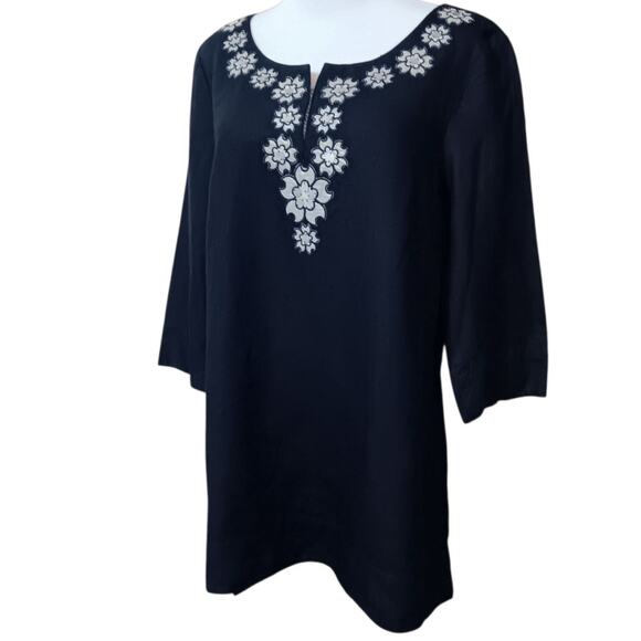 J. CREW 100% Linen Tunic Top Blouse M/10 Artsy‎ Floral Applique Long 3/4 Sleeves - Picture 9 of 11